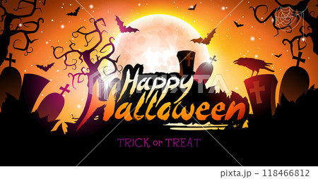 Happy Halloween Vector Illustration with Moon, Pumpkin, Crow, Flying Bats, Spider and Typography Lettering on Orange Cemetery Background. Holiday Design for Banner, Greeting Card, Celebration Poster Happy Halloween Vector Illustration with Moon, Pumpkin, Crow, Flying Bats, Spider and Typography Lettering on Orange Cemetery Background. Holiday Design for Banner, Greeting Card, Celebration Poster 118466812
