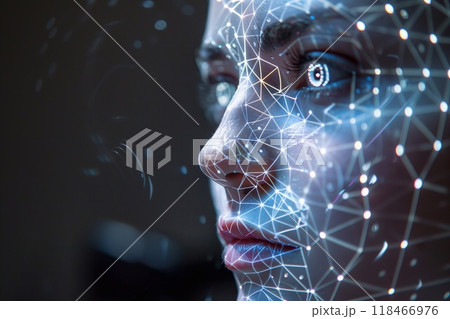 A close up view of a persons face reflecting complex digital patterns that show advanced scanning technology in use A close up view of a persons face reflecting complex digital patterns that show advanced scanning technology in use 118466976