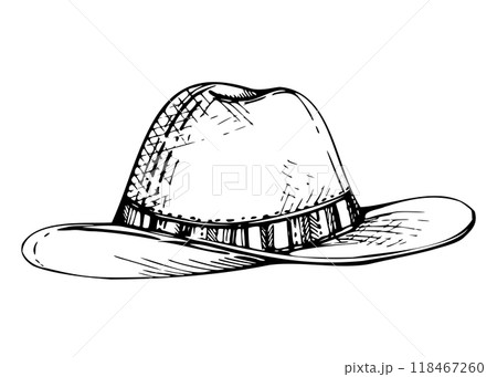 Cowboy hat with embroidered ribbon, felt straw, men headwear fashion accessory. Hand drawn ink vector illustration. Single element isolated on white. Design travel, vacation, brochure, headdress shop 118467260