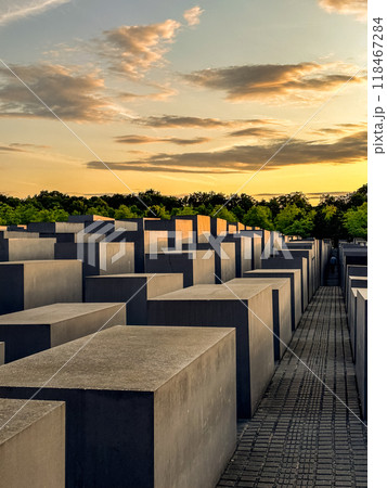 Famous Jewish Holocaust Memorial near Brandenburg Gate in golden evening light 118467284