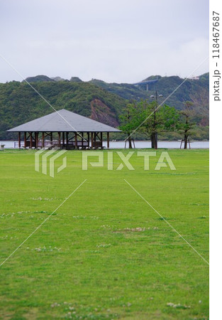 徳島県鳴門市　ウチノ海総合公園と奥に四方見展望台を望む 118467687