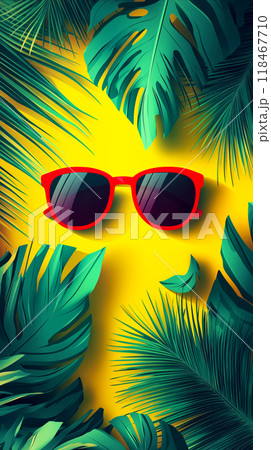 Red sunglass with dark lenses on bright yellow background, surrounded by lush green tropical palm leaves. Sense of leisure, vacation, tropical destinations, for summer-themed designs, advertisements 118467710