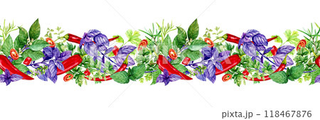 Seamless pattern with kitchen herbs. Rosemary, thyme, chili, basil, mint, bay leaf, cilantro, parsley, paprika. Watercolor botanical illustration. Spices of India, composition on white background. 118467876