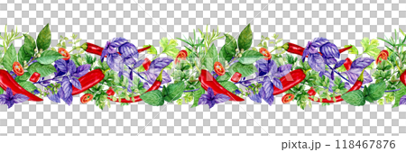Seamless pattern with kitchen herbs. Rosemary, thyme, chili, basil, mint, bay leaf, cilantro, parsley, paprika. Watercolor botanical illustration. Spices of India, composition on white background. 118467876