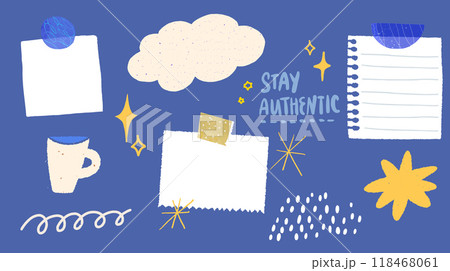 Memo paper board template, notes, taped messages, binder page. Stay autentic affirmation, inspirational quote. Cloud shape, cup of coffee and star stickers on blue background Memo paper board template, notes, taped messages, binder page. Stay autentic affirmation, inspirational quote. Cloud shape, cup of coffee and star stickers on blue background 118468061