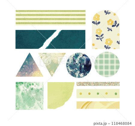 お洒落でかわいい紙のコラージュ素材　背景装飾イラストセット　紙片　マスキングテープ　緑色 118468084