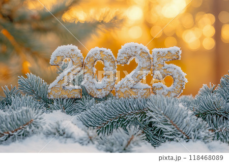 Festive 2025 made from snow-covered spruce branches with golden bokeh background Festive 2025 made from snow-covered spruce branches with golden bokeh background 118468089