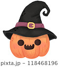 Orange Halloween pumpkin wearing witch hat 118468196