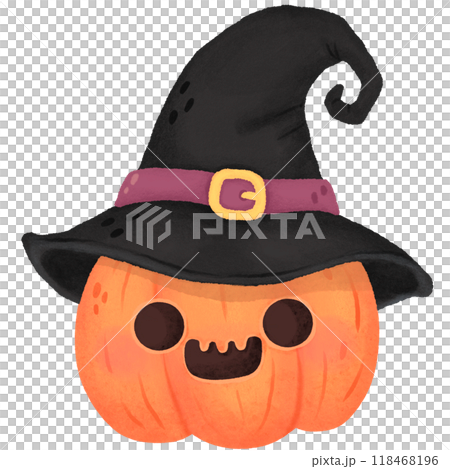 Orange Halloween pumpkin wearing witch hat 118468196
