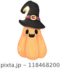 Yellow Halloween pumpkin wearing witch hat 118468200