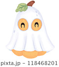 Yellow pumpkin wearing ghost costume 118468201