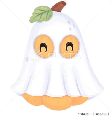 Yellow pumpkin wearing ghost costume Yellow pumpkin wearing ghost costume 118468201