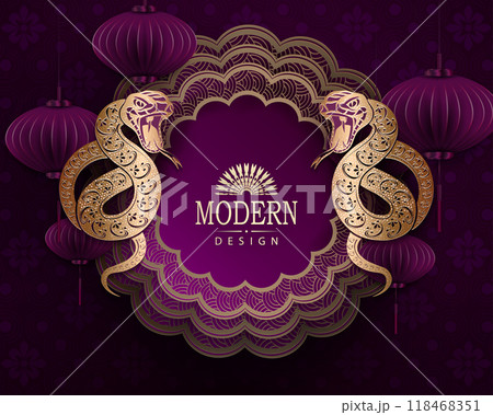Happy Chinese New Year, burgundy card with snakes and round textured frame 118468351
