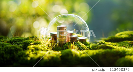 Savings Protection Concept, Silver Coins Stacked on Green Natural Moss Protected by Glass Bubbles 118468373