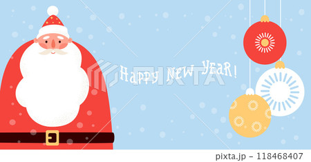 Happy New Year poster. Cute Santa Claus with Christmas balls and snow on blue background. Vector illustration. Xmas holiday horizontal banner. Happy New Year poster. Cute Santa Claus with Christmas balls and snow on blue background. Vector illustration. Xmas holiday horizontal banner. 118468407