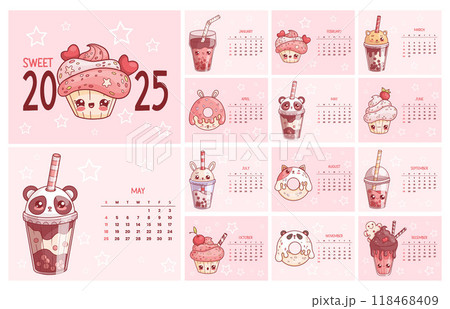 Sweet calendar 2025. Cute cartoon kawaii character donut, cupcake and milk shake, bubble tea. Vector horizontal monthly printable planner organizer. Cover and 12 month pages English. Week from Sunday. 118468409