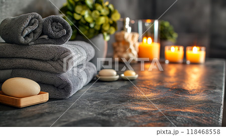 Cozy dark grey slate countertop with towels, candles, relaxing space background. Generative AI Cozy dark grey slate countertop with towels, candles, relaxing space background. Generative AI 118468558