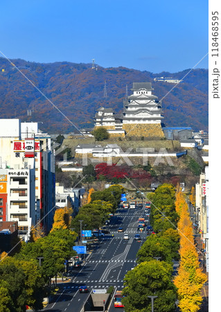 【兵庫県】快晴の姫路城と大手前通り 118468595