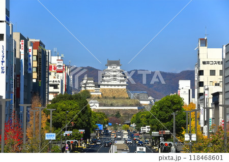 【兵庫県】快晴の姫路城と大手前通り 【兵庫県】快晴の姫路城と大手前通り 118468601