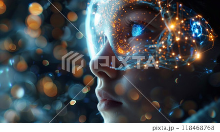 A child is focused intently on advanced technology designed to improve mathematical skills, surrounded by dynamic visual elements A child is focused intently on advanced technology designed to improve mathematical skills, surrounded by dynamic visual elements 118468768