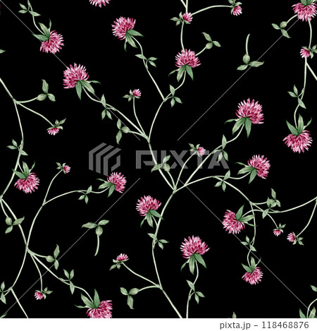 Seamless pattern with watercolor hand drawn botanical illustration with meadow wild plant red clover (trifolium). Repeat wallpaper with purple flowers and leaves isolated on white background. 118468876