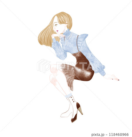 青いブラウスにタイトなスカートを着た横向きに座る女性 118468966