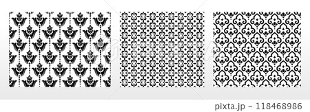 Geometric floral set of seamless patterns. White and black vector backgrounds. Damask graphic ornaments. 118468986