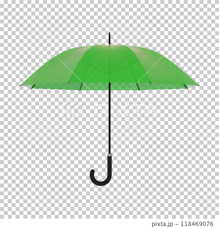 Open green umbrella with black handle, isolated on white background 118469076
