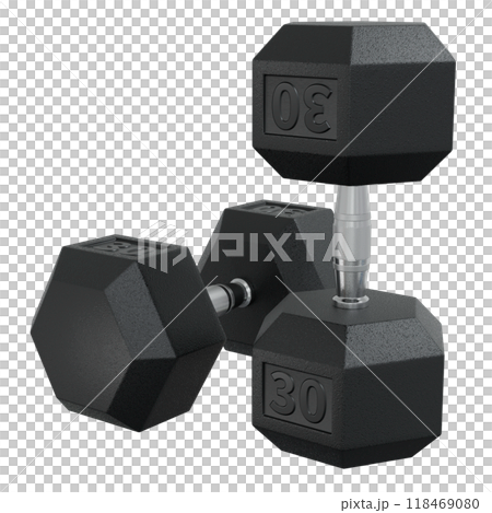 Two Hex Dumbbells with number 30, weightlifting gym equipment 118469080