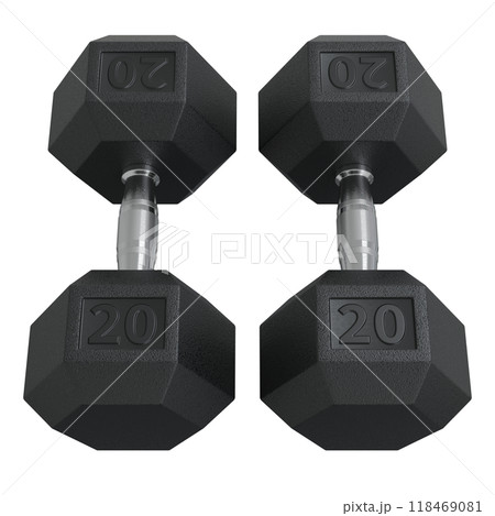 Two Hex Dumbbells with number 20, weightlifting gym equipment top view Two Hex Dumbbells with number 20, weightlifting gym equipment top view 118469081