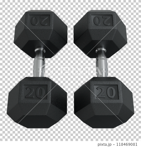 Two Hex Dumbbells with number 20, weightlifting gym equipment top view 118469081
