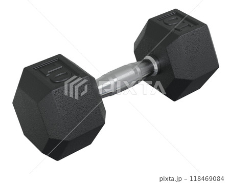 Hex Dumbbell with numbers 10, weightlifting gym equipment side view Hex Dumbbell with numbers 10, weightlifting gym equipment side view 118469084