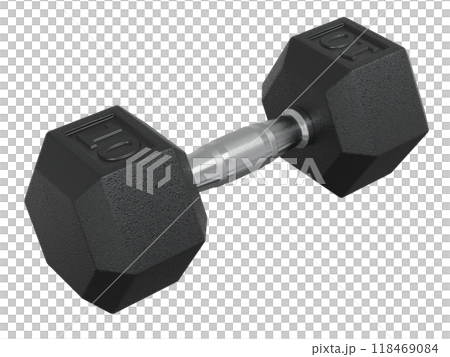 Hex Dumbbell with numbers 10, weightlifting gym equipment side view Hex Dumbbell with numbers 10, weightlifting gym equipment side view 118469084