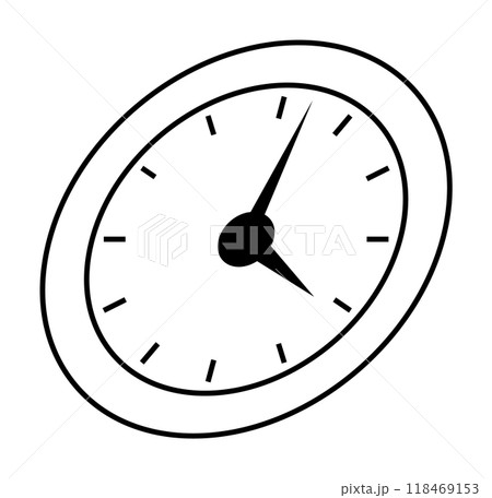 Plain clock face with thin hour markers, black minute and hour hands, and an oval shape slightly tilted to the right. Ideal for time management, punctuality, productivity, efficiency, scheduling. Mini 118469153