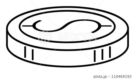 A monochrome outline of a coin featuring the yen symbol. Ideal for finance, economy, currency, banking, and investment themes. Simple lines, impactful depiction, vector format. 118469193