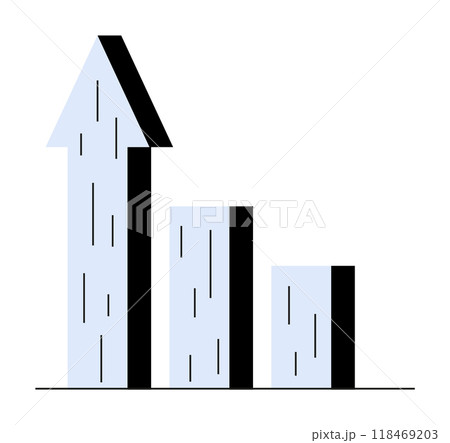 Vertical bar graph with three bars, the first represented by an upward-pointing arrow. Ideal for business growth, financial success, market analysis, performance metrics, economic indicators. Simple, Vertical bar graph with three bars, the first represented by an upward-pointing arrow. Ideal for business growth, financial success, market analysis, performance metrics, economic indicators. Simple, 118469203