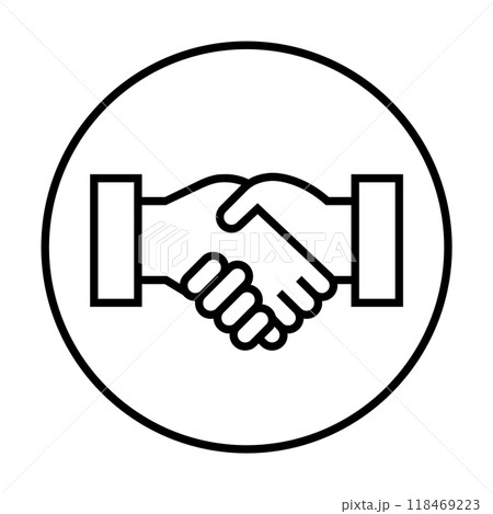 Two hands shaking inside a circular border, representing cooperation. Ideal for business, partnerships, agreements, teamwork, mutual understanding. Black and white, line art, minimalistic. 118469223