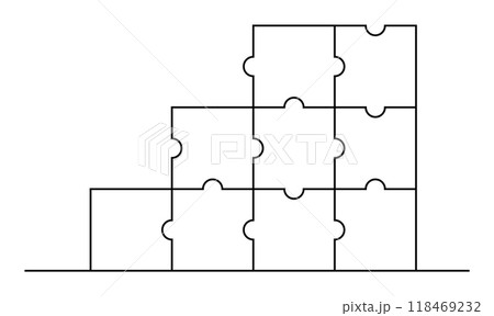 Puzzle pieces stacked in a staircase shape. Ideal for business growth, problem-solving, teamwork, progress, strategy. Simple lines style. 118469232