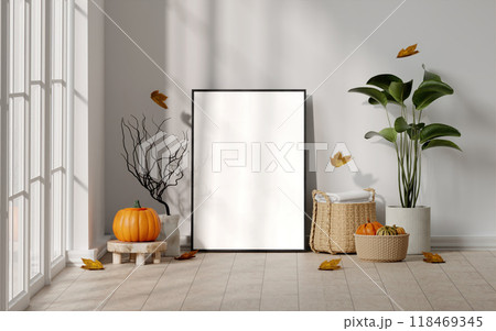 Elegant 3D Render of Minimalist Interior with Autumn Decor, Blank Frame, and Natural Light 118469345