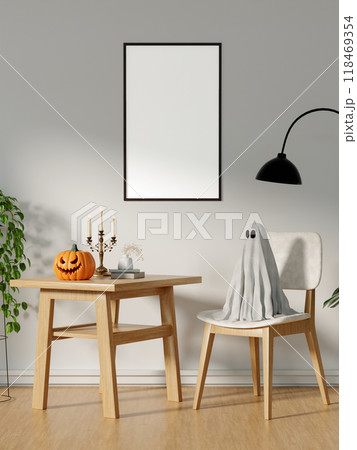 3D Render of Modern Minimalist Interior with Halloween Decorations Including Pumpkin and Ghost on Chair 118469354