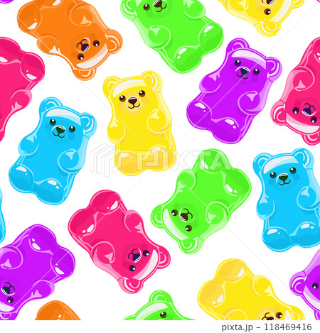 Vector seamless pattern with bright gummy bears on white background 118469416