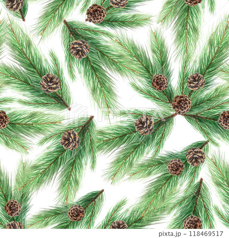 Pine branch with a pine cone watercolor seamless pattern isolated on white background. High quality hand painted plant design element perfect for wallpaper, napkins, textile, Christmas and New Year Pine branch with a pine cone watercolor seamless pattern isolated on white background. High quality hand painted plant design element perfect for wallpaper, napkins, textile, Christmas and New Year 118469517