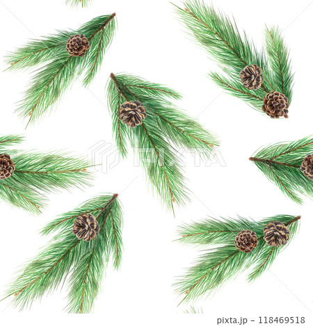 Pine branch with a pine cone watercolor seamless pattern isolated on white. High quality hand painted plant design element perfect for wrapping paper, posters, textile, Christmas and New Year decor Pine branch with a pine cone watercolor seamless pattern isolated on white. High quality hand painted plant design element perfect for wrapping paper, posters, textile, Christmas and New Year decor 118469518
