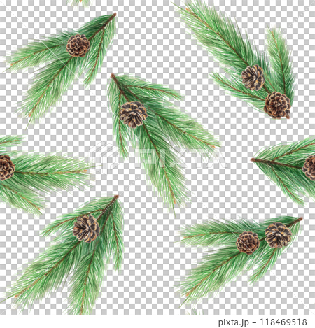 Pine branch with a pine cone watercolor seamless pattern isolated on white. High quality hand painted plant design element perfect for wrapping paper, posters, textile, Christmas and New Year decor Pine branch with a pine cone watercolor seamless pattern isolated on white. High quality hand painted plant design element perfect for wrapping paper, posters, textile, Christmas and New Year decor 118469518