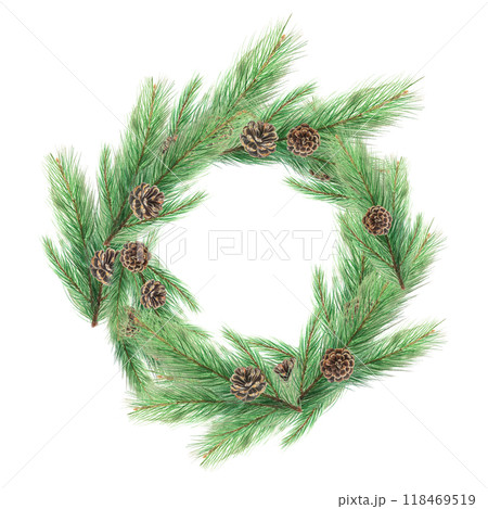 Pine branch with pine cones watercolor wreath...のイラスト素材 [118469519] - PIXTA