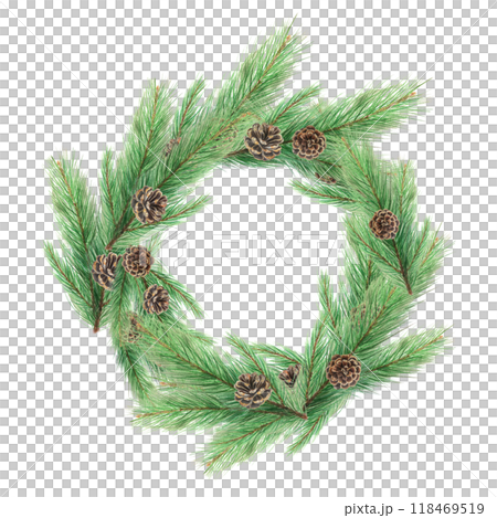Pine branch with pine cones watercolor wreath...のイラスト素材 [118469519] - PIXTA