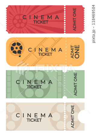Set of cinema ticket templates in pastel colors. Different shapes, front view. Vector illustration Set of cinema ticket templates in pastel colors. Different shapes, front view. Vector illustration 118469584