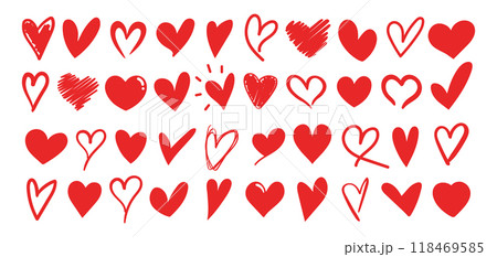 Set of different shaped red heart icons. Hand drawn vector hearts. Red heart love symbols isolated on white background Set of different shaped red heart icons. Hand drawn vector hearts. Red heart love symbols isolated on white background 118469585