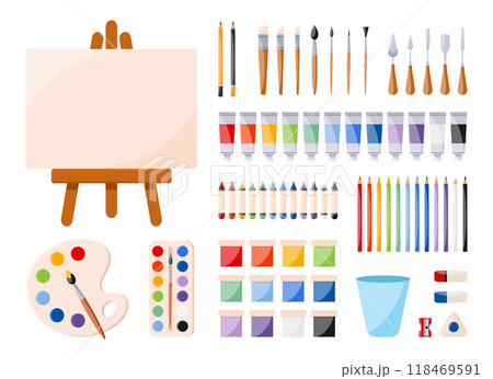 Painting art tools, painting supplies set. Paints, canvas, paint tubes, brushes, palette knives, watercolor palette, crayons, pencils, eraser. Vector illustration Painting art tools, painting supplies set. Paints, canvas, paint tubes, brushes, palette knives, watercolor palette, crayons, pencils, eraser. Vector illustration 118469591