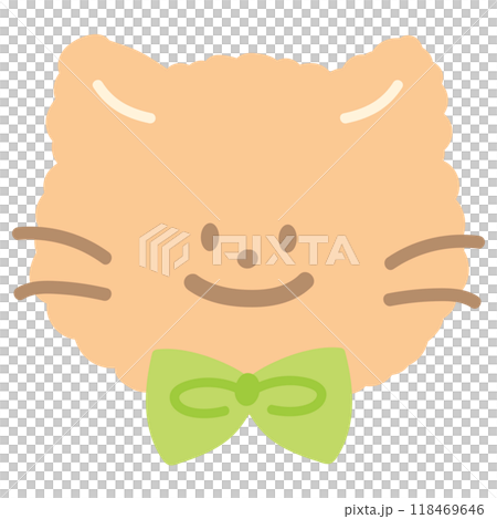 Illustration of cat wearing green bow for pet costume, vet, adopt and rescue animal, foster home, shelter, cartoon, character, mascot, souvenir shop, cute patches, toy, kid doll, sticker, brooch 118469646